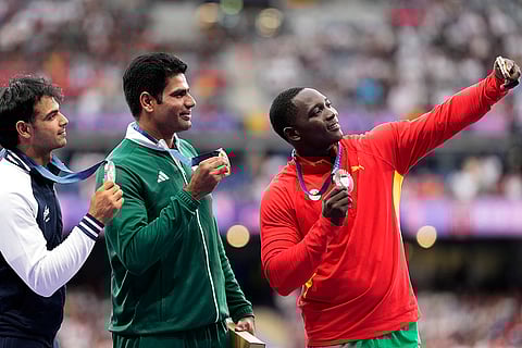 2024 Paris Olympics men's javelin silver medalist, Neeraj Chopra, Arshad Nadeem, gold medalist, and bronze medalist Anderson Peters
